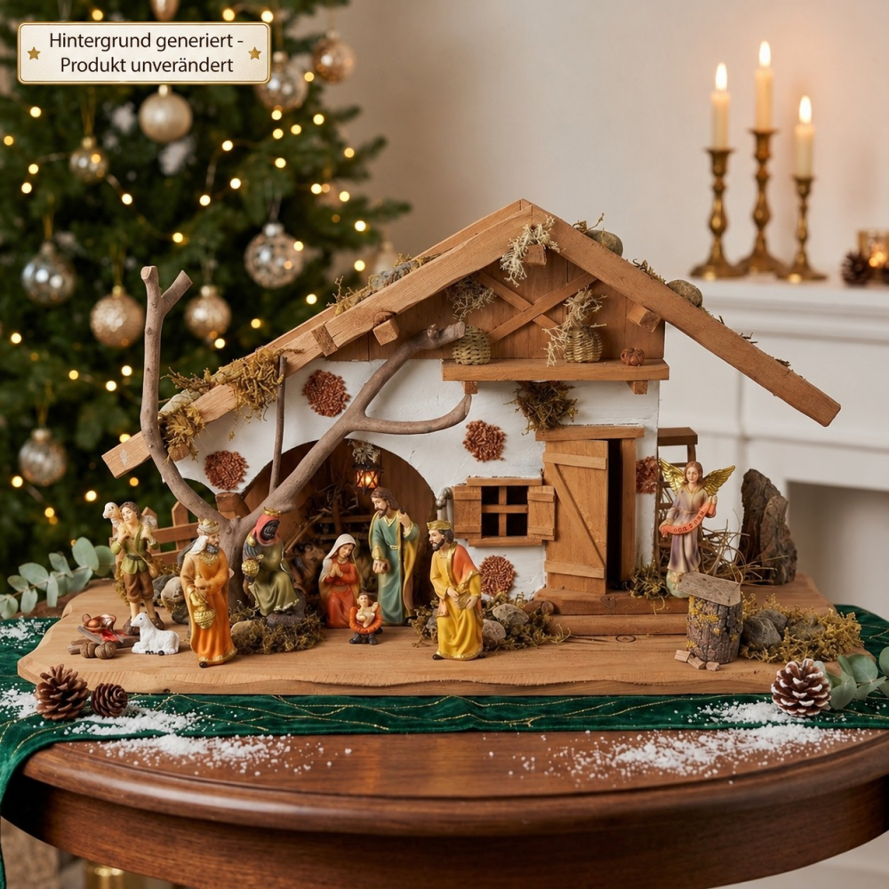 Festliche Weihnachtskrippe Basel braun inkl. 12-tlg. Figurensatz K 650-9, Maße Krippe: ca. 55 x 20 x 28 cm